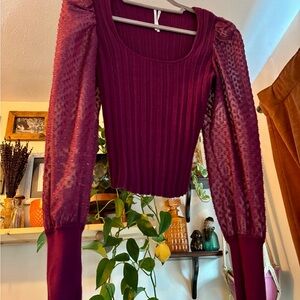 Anthropologie Deep Red Textured Sleeve Blouse